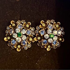 LA Vintage Signed Gold, Blue, and White Crystal pierced Earrings